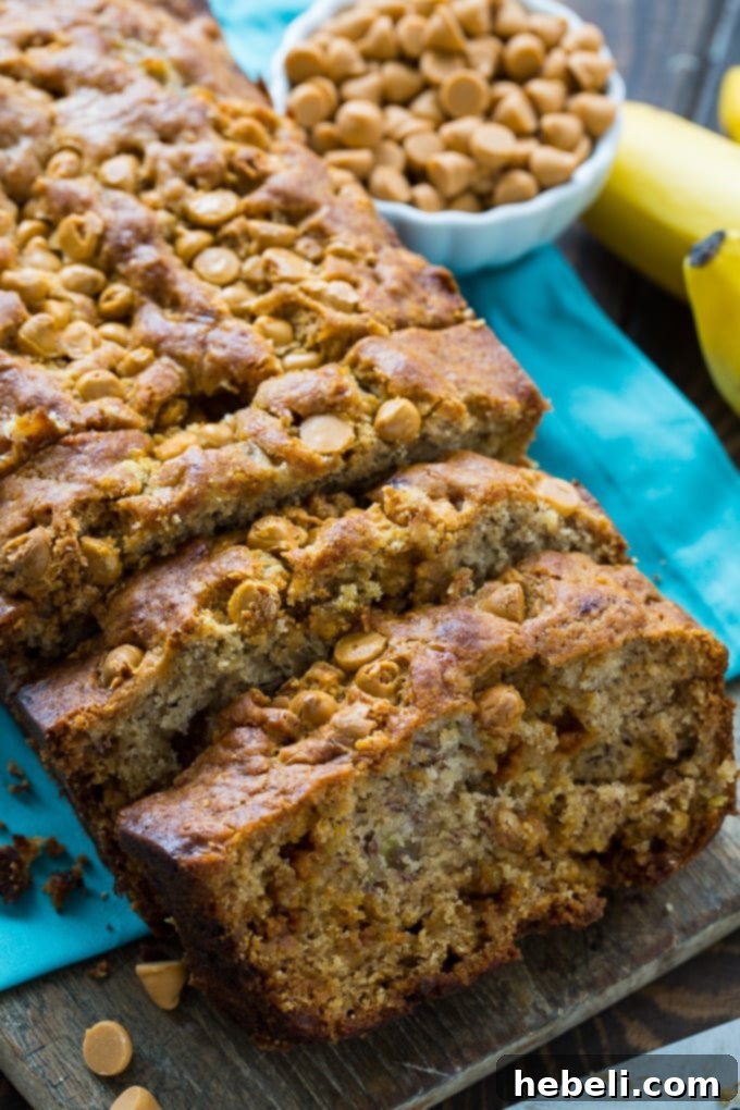 Golden Butterscotch Banana Loaf 3 A close-up of a slice of moist Butterscotch Banana Bread, showing the delightful texture and butterscotch morsels