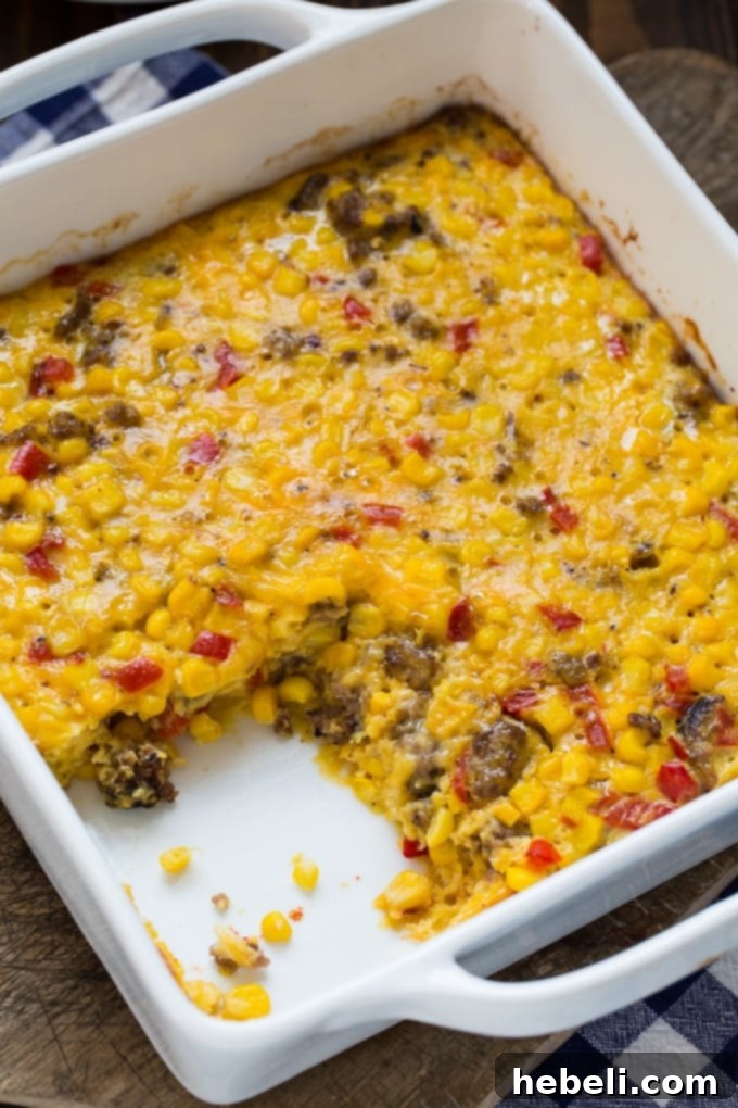 Savory Corn & Sausage Bake 4 Corn and Sausage Pudding, golden brown and bubbly from the oven