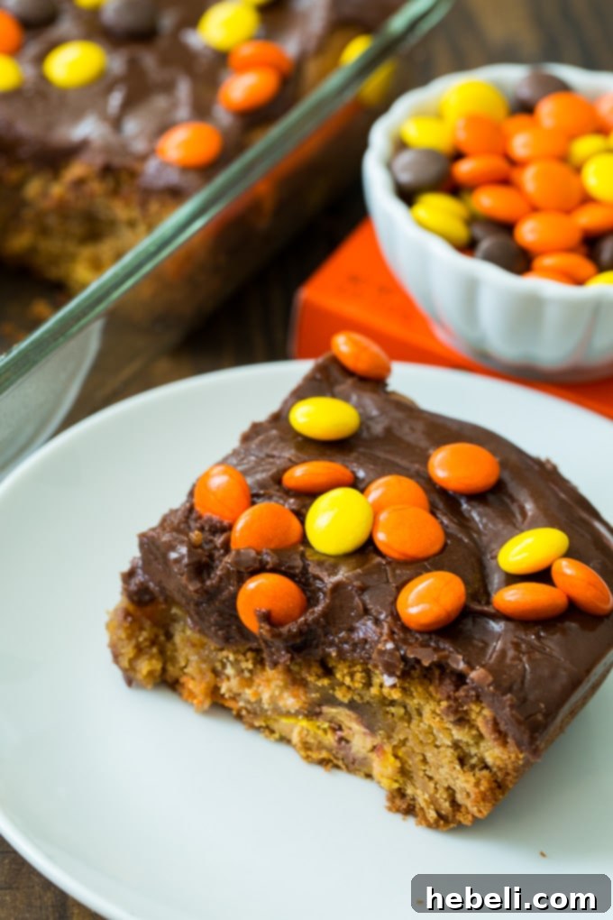 Reese's Pieces Peanut Butter Bars with rich chocolate frosting