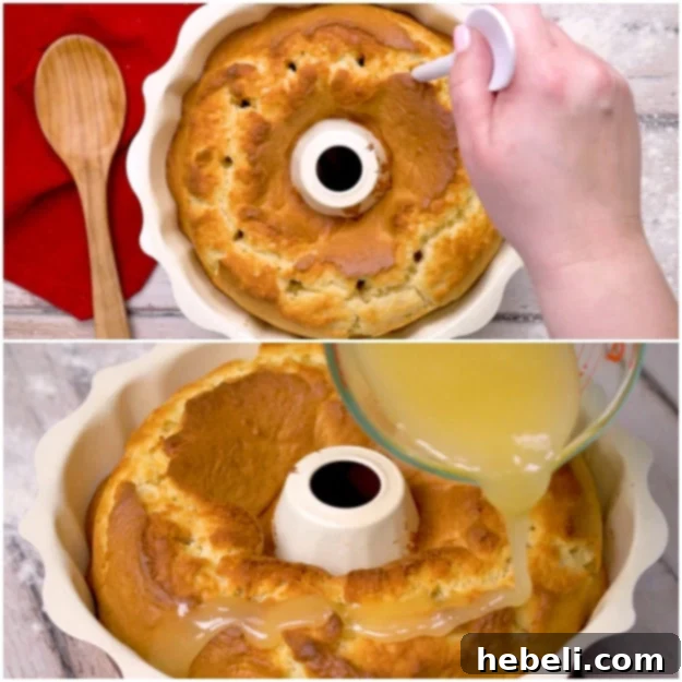 Poking holes in the warm Kentucky Butter Cake and pouring the glaze.