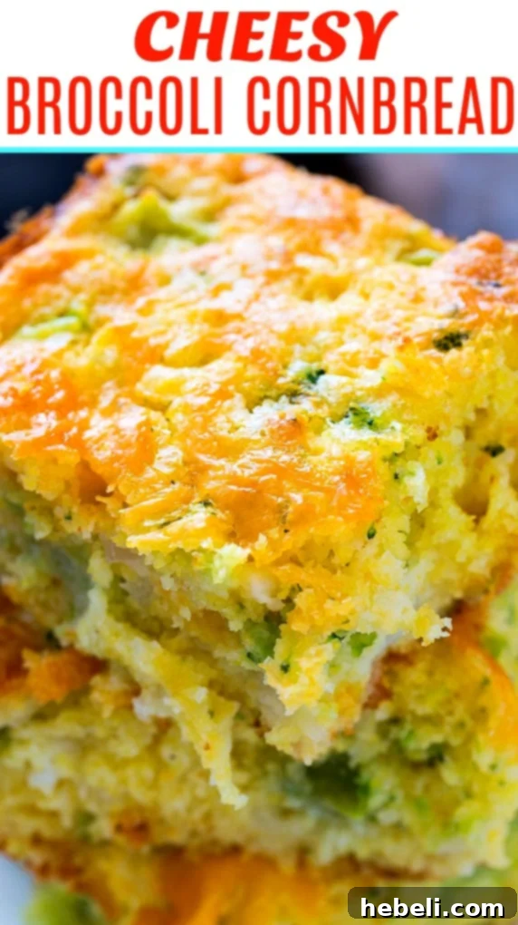 Golden Cheesy Broccoli Cornbread 7 A baking dish with a spoon scooping out a portion of Cheesy Broccoli Cornbread.