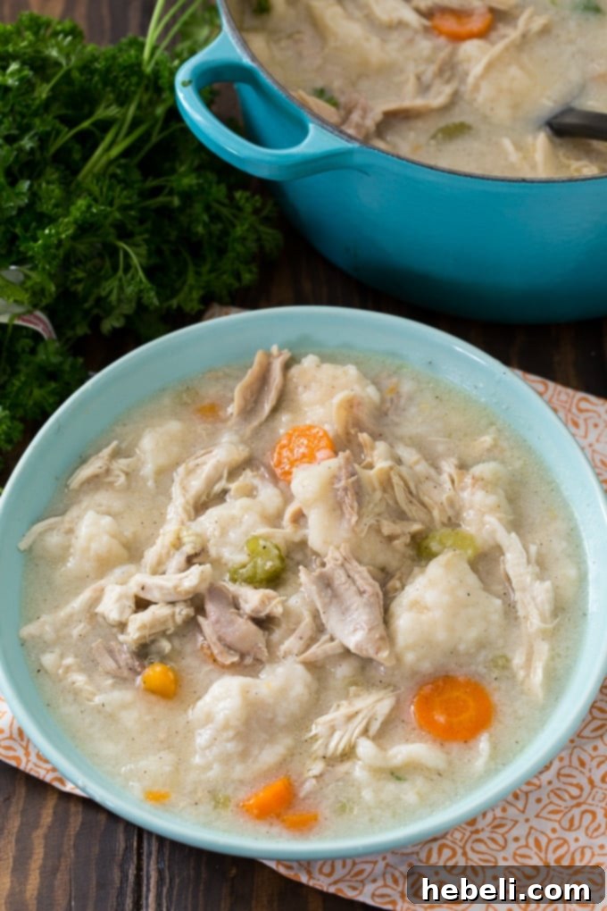 Hand-pinched homemade dumplings simmering in a savory chicken broth, just before serving.