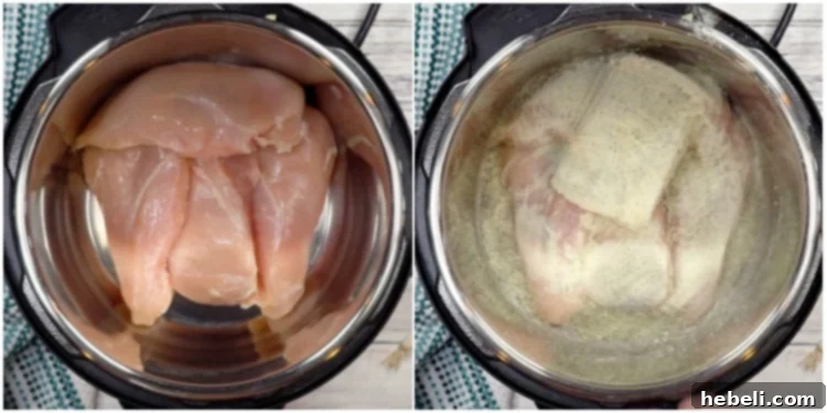 Addictive Instant Pot Chicken 4 Adding chicken breasts, cream cheese, ranch seasoning, and water to the Instant Pot for pressure cooking.