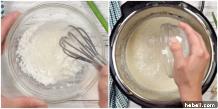 Addictive Instant Pot Chicken 7 Adding the cornstarch slurry to the simmering sauce in the Instant Pot to achieve a thick and creamy texture.