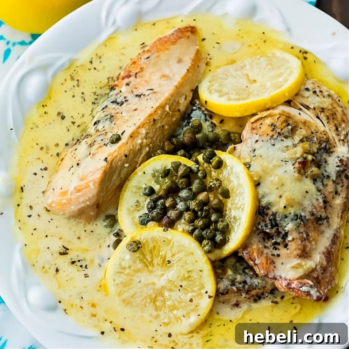 Cooked creamy lemon chicken in a pasta bowl, garnished with fresh parsley.