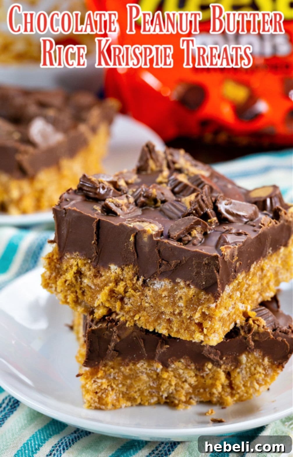 No-Bake Chocolate Peanut Butter Crispy Squares 4 Two irresistible Chocolate Peanut Butter Rice Krispie Treats presented on a small plate, highlighting their perfect squares, delightful chewy texture, and abundant chocolate and peanut butter flavors for a satisfying snack.