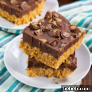 Delicious Chocolate Peanut Butter Rice Krispie Treats ready to serve.