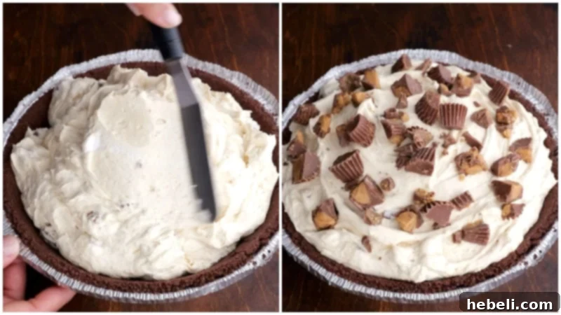 Easy No-Bake Peanut Butter Cup Pie 8 Spreading filling into the pie crust.