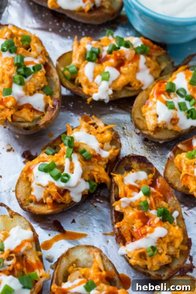 Zesty Buffalo Chicken Potato Skins 3 Buffalo Chicken Potato Skins are the perfect spicy appetizer for any occasion!