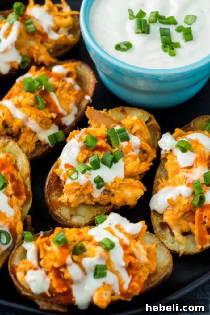 Zesty Buffalo Chicken Potato Skins 5 Buffalo Chicken Potato Skins with a generous drizzle of blue cheese dressing