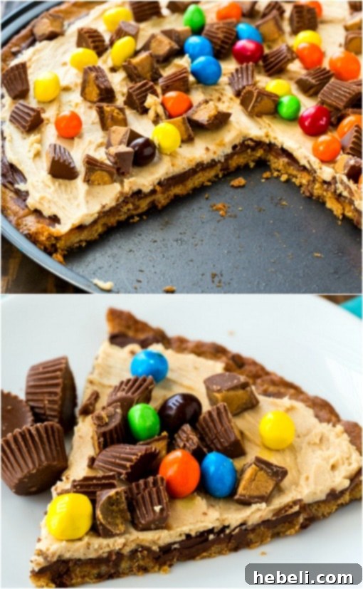 Decadent Peanut Butter Cup Pizza 8 A close-up of Peanut Butter Cup Dessert Pizza, highlighting the rich toppings.