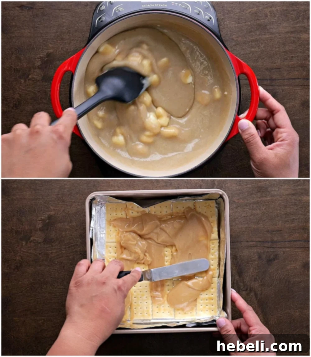 Chocolate Caramel Cracker Bark 4 Caramel mixture being poured over cracker layers in a pan