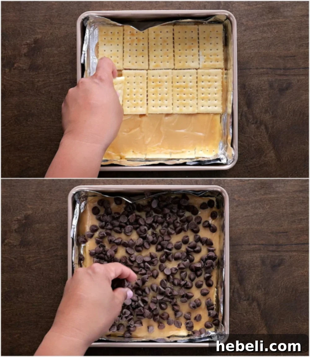 Chocolate Caramel Cracker Bark 5 Layers of crackers and chocolate chips being sprinkled on top of caramel