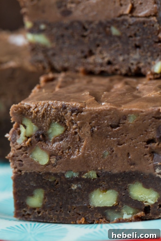 Close-up of a slice of Fudge Topped Brownie showing both layers