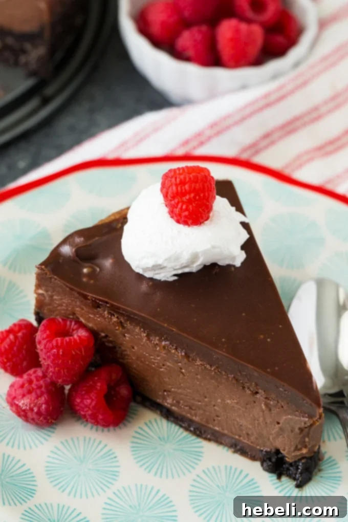 Close-up of Nutella Cheesecake with a drizzle of chocolate ganache and hazelnut garnish