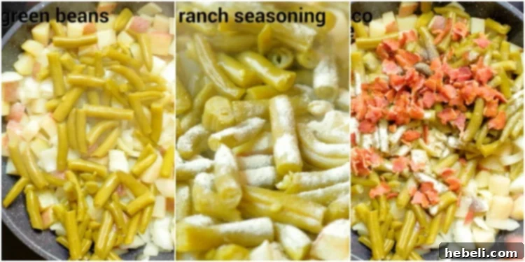 All ingredients, including green beans, ranch seasoning, pepper, and crumbled bacon, being stirred together in a skillet.