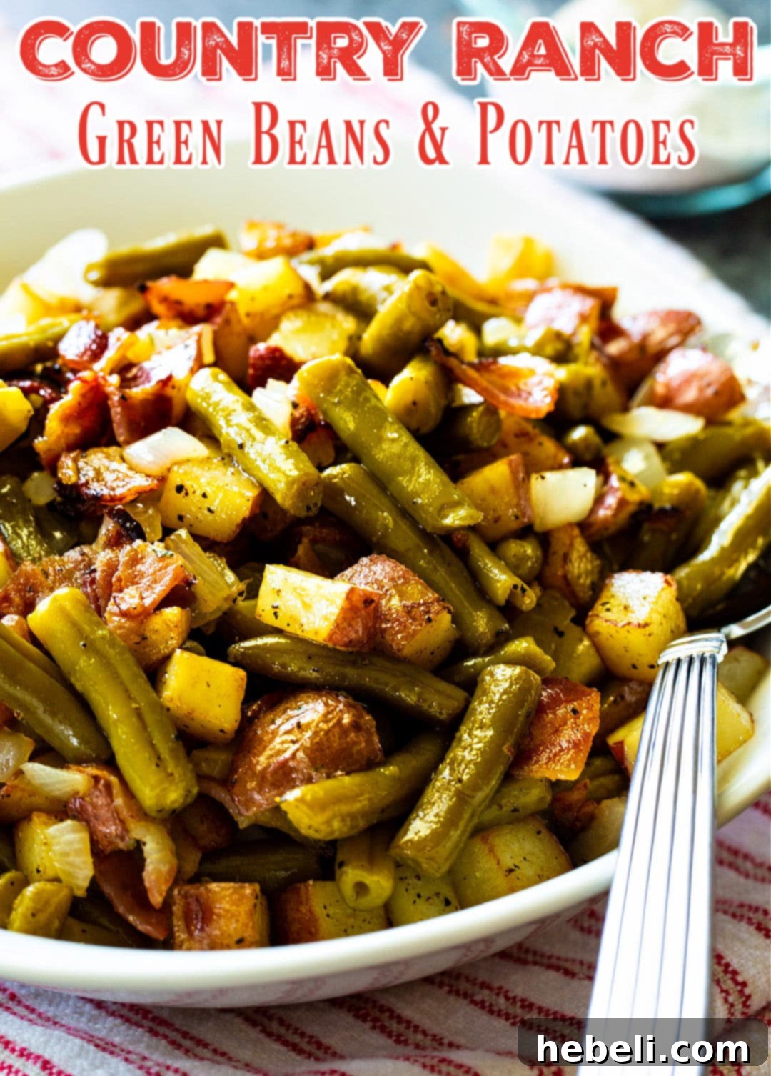 Country Ranch Green Beans and Potatoes served in a rustic bowl, steam gently rising, ready to be enjoyed.