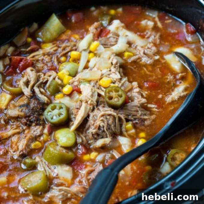 Classic Slow Cooker Brunswick Stew, rich with tender chicken and flavorful pulled pork