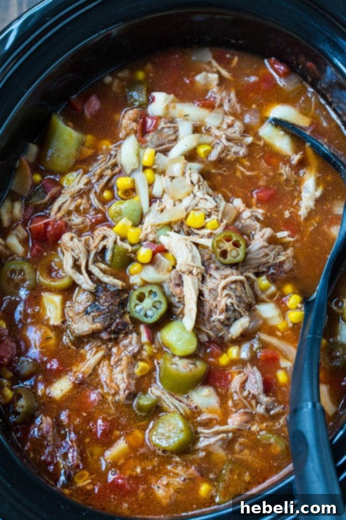 Slow Cooker Brunswick Stew featuring tender chicken and rich pulled pork in a delicious tomato broth