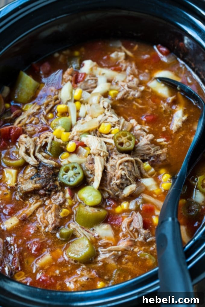 Close-up of Slow Cooker Brunswick Stew, showcasing the tender meats, colorful vegetables, and rich broth