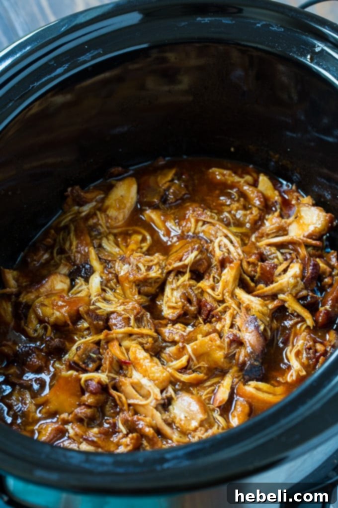 Smoky Bourbon Bacon Slow Cooker Pulled Chicken 3 Seasoning boneless chicken thighs for Crock Pot Bourbon Bacon Pulled Chicken