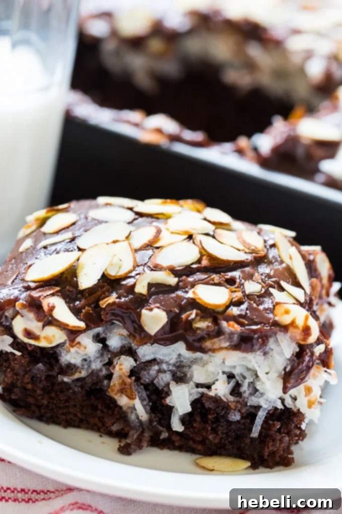 Coconut Almond Chocolate Dream Cake 3 Almond Joy Cake baked in a 9x13-inch pan, showing its layers before serving