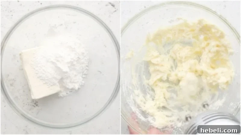 Golden Peach Ambrosia 4 A close-up image showing cream cheese and powdered sugar being mixed together in a bowl until smooth and fluffy.