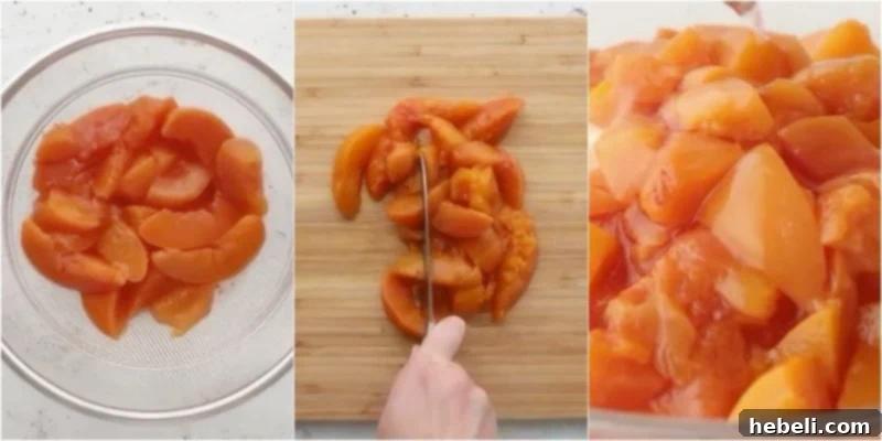 Golden Peach Ambrosia 6 Image showing canned peaches being carefully drained, then chopped into uniform pieces, and finally added to the mixing bowl.