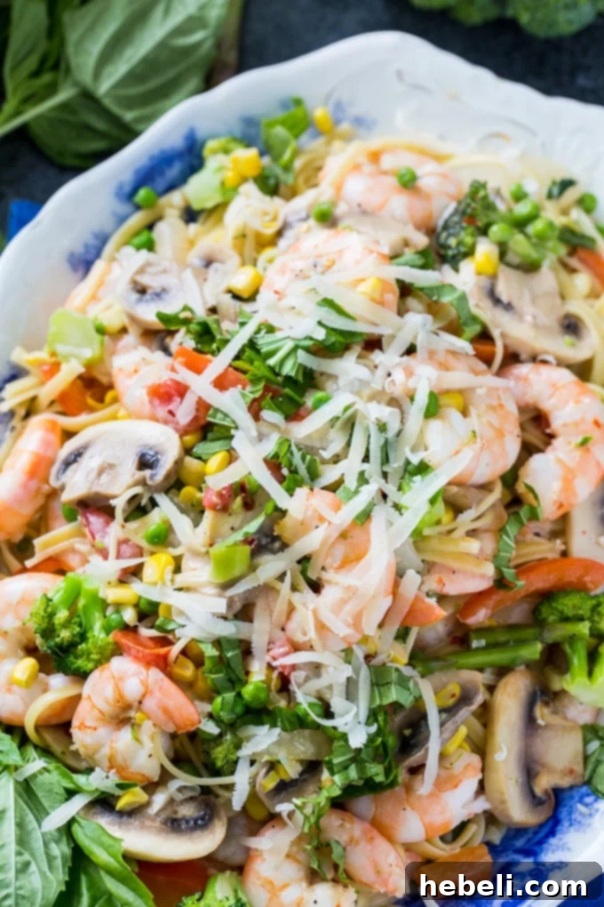 Spring's Bounty Shrimp Pasta 4 Shrimp Pasta Primavera with lots of fresh vegetables, ready to be tossed with pasta.