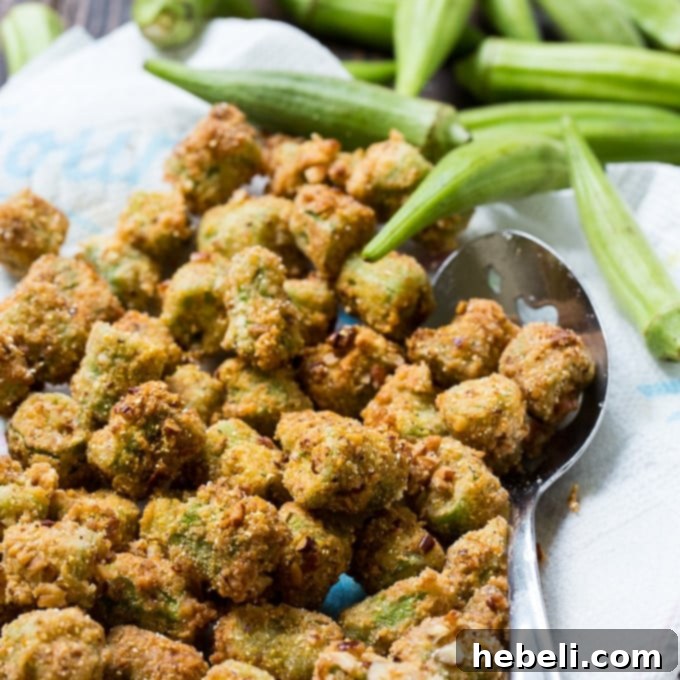Pecan Crusted Fried Okra, golden and crispy, ready to be served