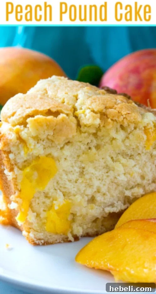 Sun-Kissed Georgia Peach Pound Cake 7 Slice of pound cake on a plate with peach slices.