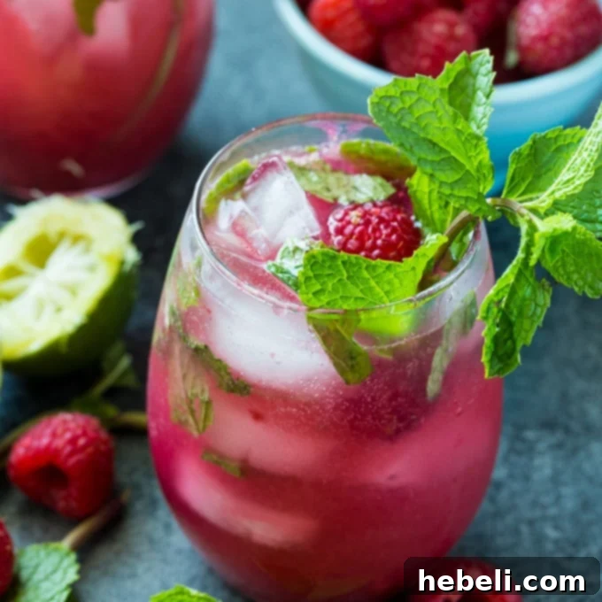 A vibrant Raspberry Mojito in a glass, garnished with fresh raspberries and mint leaves.