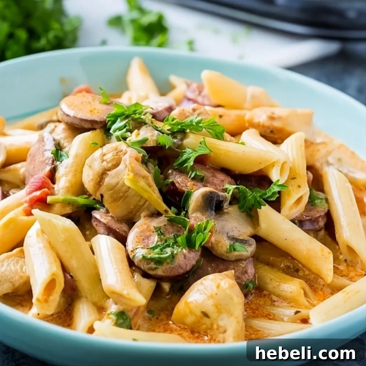 Velvety Cajun Instant Pot Pasta 2 A close-up shot of Instant Pot Creamy Cajun Pasta in a serving bowl, showcasing its rich texture and ingredients, garnished with fresh herbs.