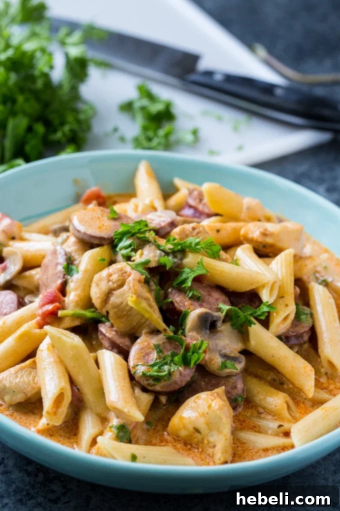 Velvety Cajun Instant Pot Pasta 4 Instant Pot Creamy Cajun Pasta featuring chicken and smoked sausage, served hot in a bowl with a fork.