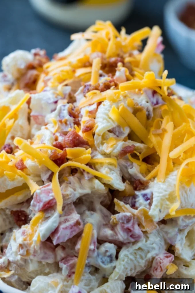 Creamy Tangy Pasta Salad 4 Creamy and Tangy Pasta Salad with bacon and cheese in a bowl