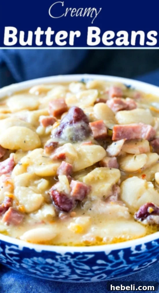 A vibrant and appetizing close-up of creamy butter beans, highlighting their tender texture and visible ham pieces. Ideal for sharing as #southern #sidedish #beans.