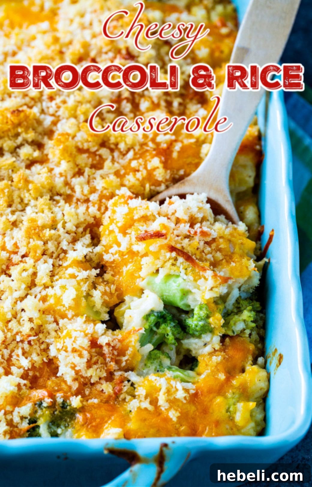 Ultimate Cheesy Broccoli and Rice Casserole 5 The golden-brown, bubbly Cheesy Broccoli and Rice Casserole fresh out of the oven in a baking dish, ready to be served.