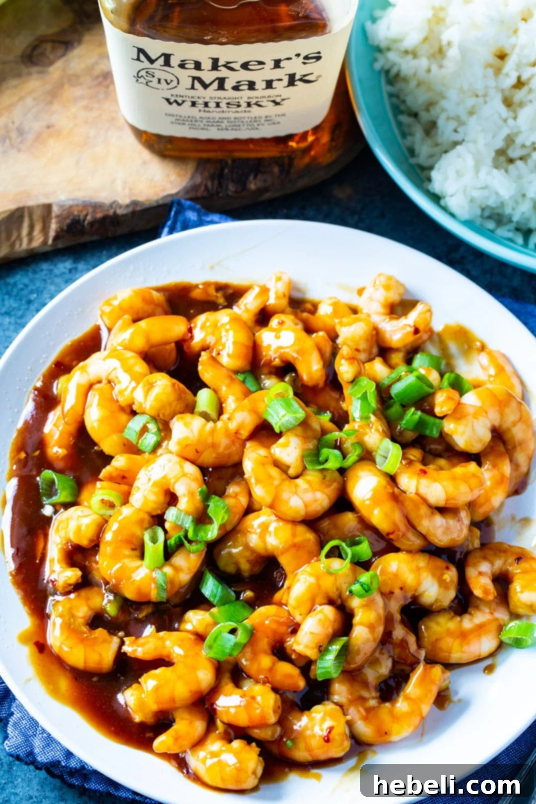 Bourbon Glazed Shrimp 3 Overhead shot of freshly cooked Bourbon Shrimp glistening with sauce.