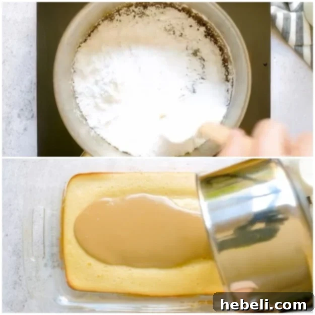 Smooth caramel icing being poured generously over the cooled buttermilk sheet cake.