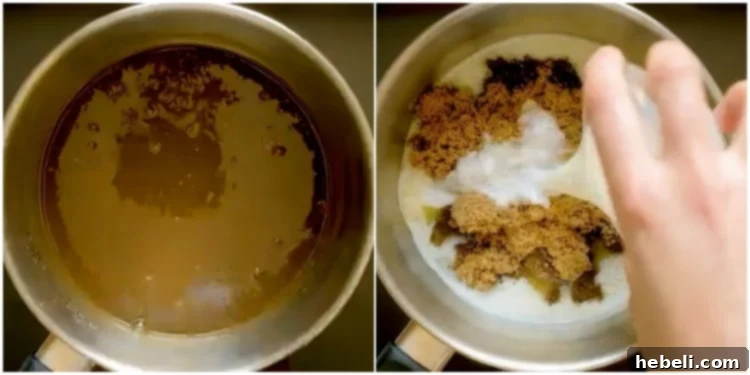 Melted butter, brown sugar, and milk being whisked together in a saucepan for the caramel icing.