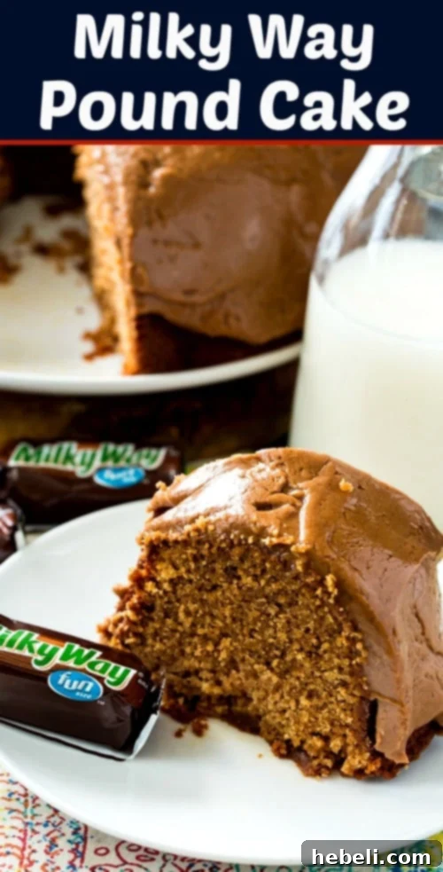 Milky Way Pound Cake with Milky Way Frosting. A decadent dessert for chocolate and caramel lovers, perfect for using leftover Halloween candy.