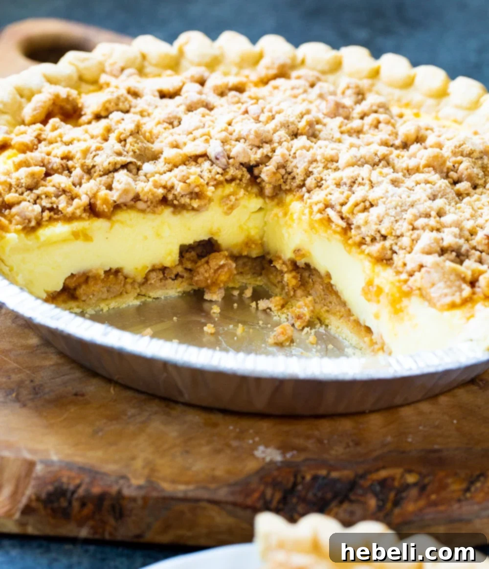 A whole Peanut Butter Pie in a pie dish, with one slice neatly cut out, showcasing the layers.