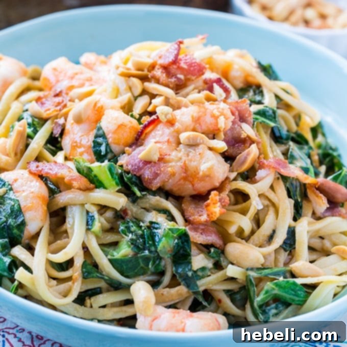 Delicious Southern Peanut Noodles with Shrimp and fresh garnishes