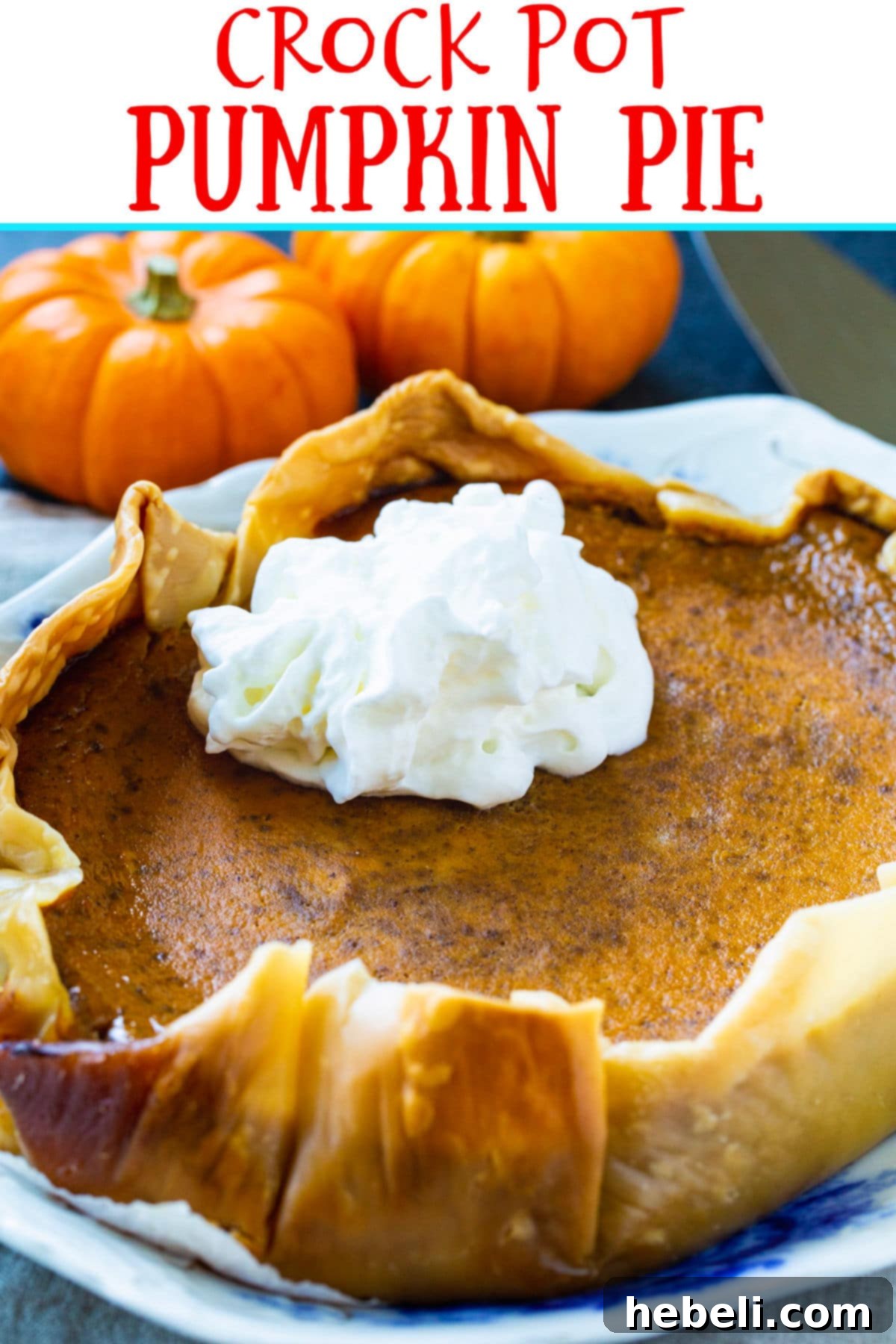 Close-up of a delectable Crock Pot Pumpkin Pie, generously topped with a swirl of light, airy whipped cream. The smooth, spiced pumpkin filling is visible beneath the cream, promising a delightful treat.