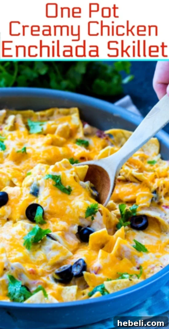 One Pot Creamy Chicken Enchilada Skillet in a pan on a wooden table, garnished with cilantro.