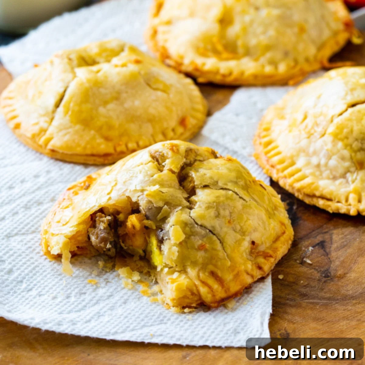 Delicious Sausage, Egg, and Cheese Hand Pie on a wooden board with a bite taken out, revealing the savory filling.