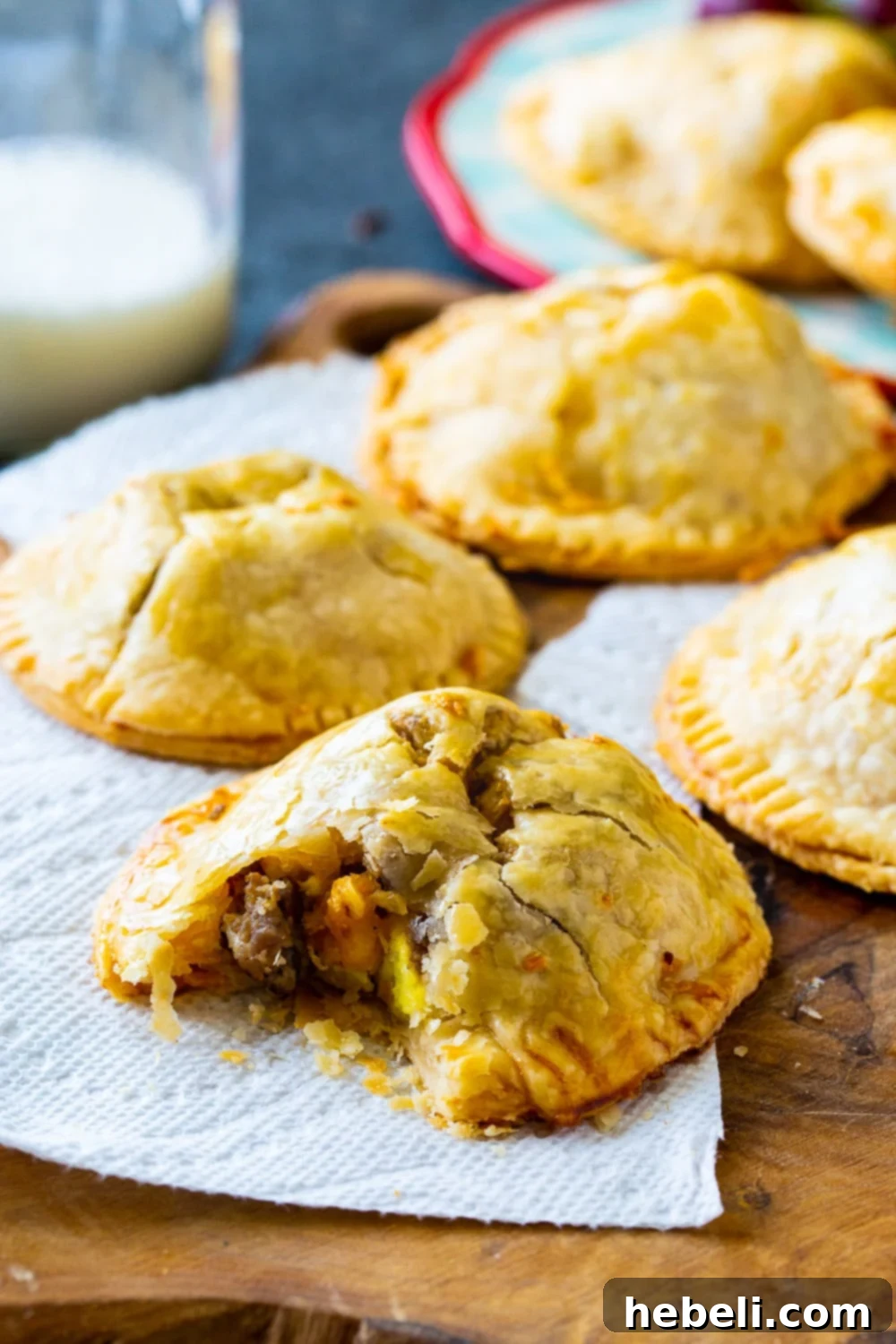 Sausage, Egg, and Cheese Hand Pie on a wooden board with a cross-section showing the fluffy eggs, sausage, and melted cheese filling.