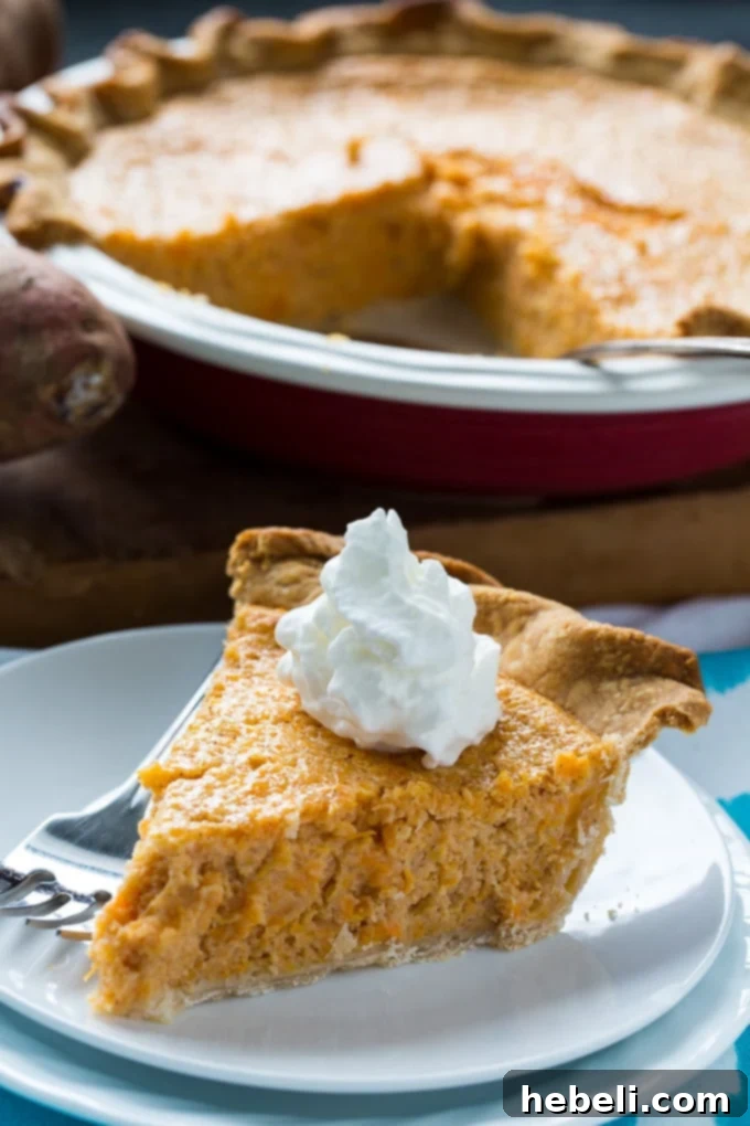 A slice of Sweet Potato Buttermilk Pie on a white plate