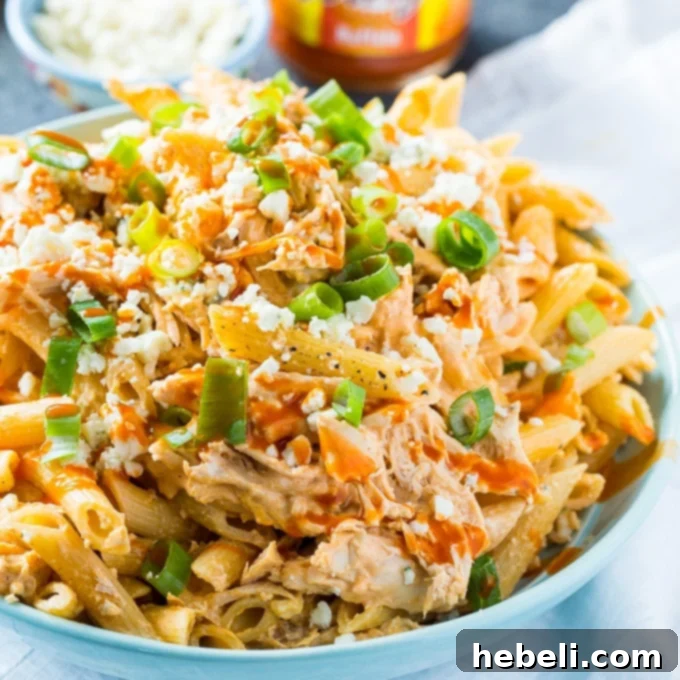 Buffalo Chicken Pasta - Close-up of creamy pasta with chicken
