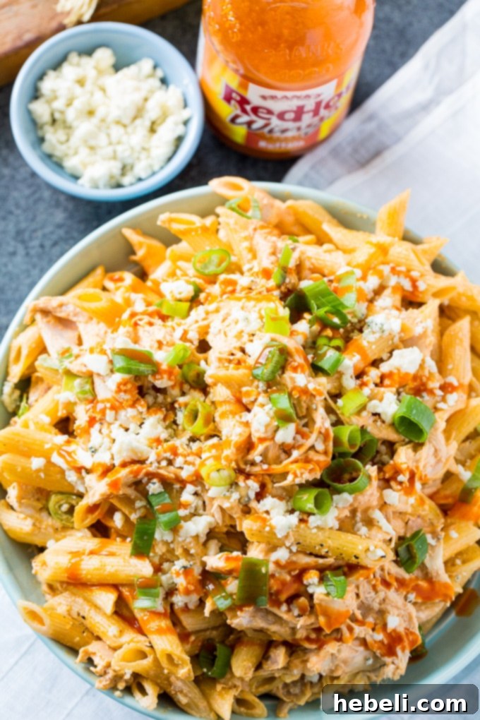 Buffalo Chicken Pasta - Wider shot of the dish, ready to serve